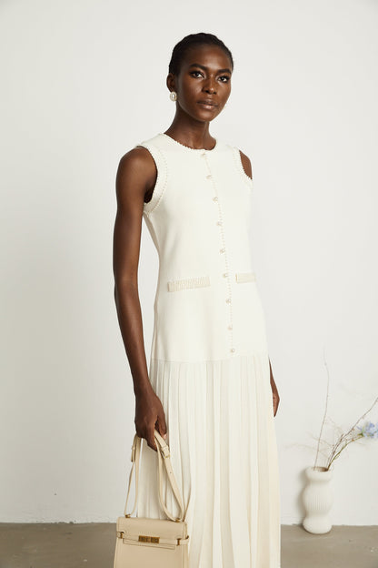 Léocadie white knitted faux-pearl midi dress
