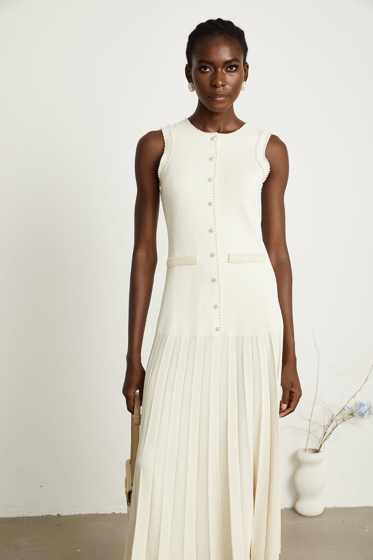 Léocadie white knitted faux-pearl midi dress
