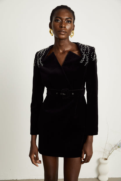 Émilie black crystal-embellished velvet mini dress