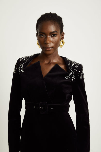 Émilie black crystal-embellished velvet mini dress