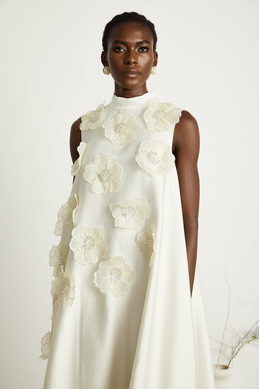 Émilie sleeveless floral-applique midi dress in White