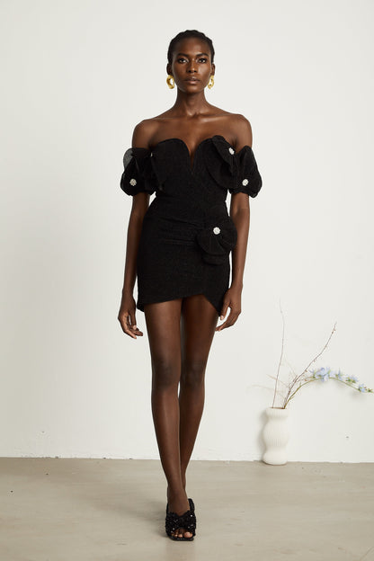 Odette black floral-appliqué mini dress