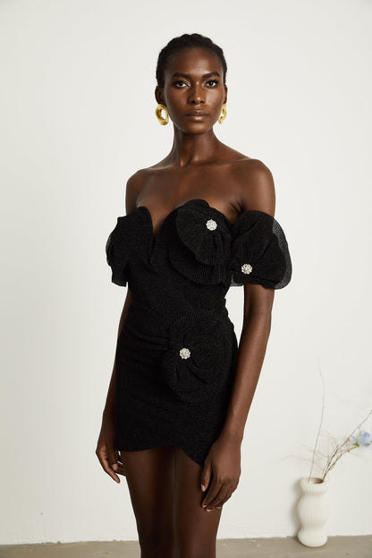 Odette black floral-appliqué mini dress
