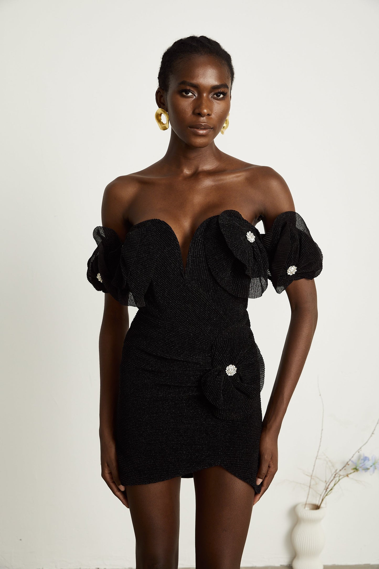 Odette black floral-appliqué mini dress