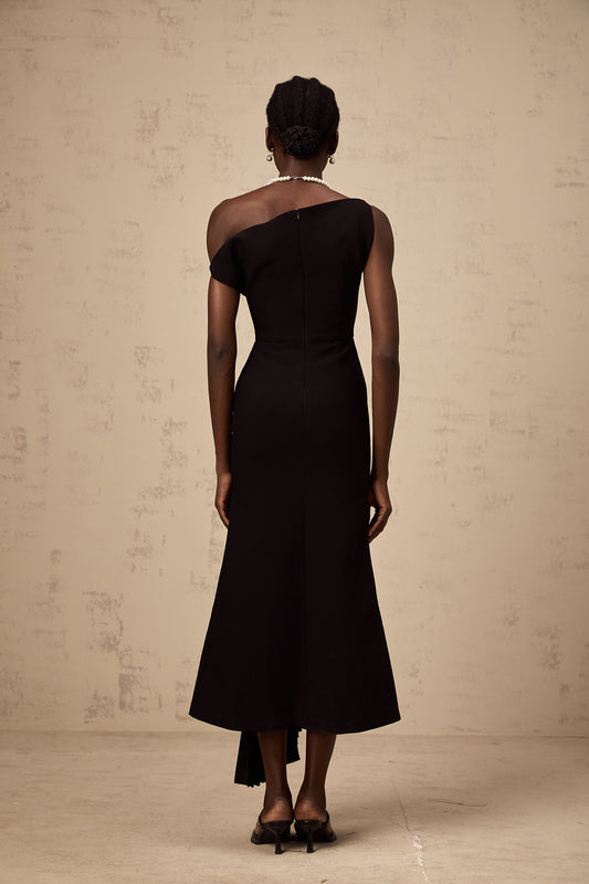 Laurine asymmetrical draped midi dress in Black