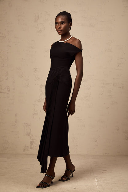 Laurine asymmetrical draped midi dress in Black