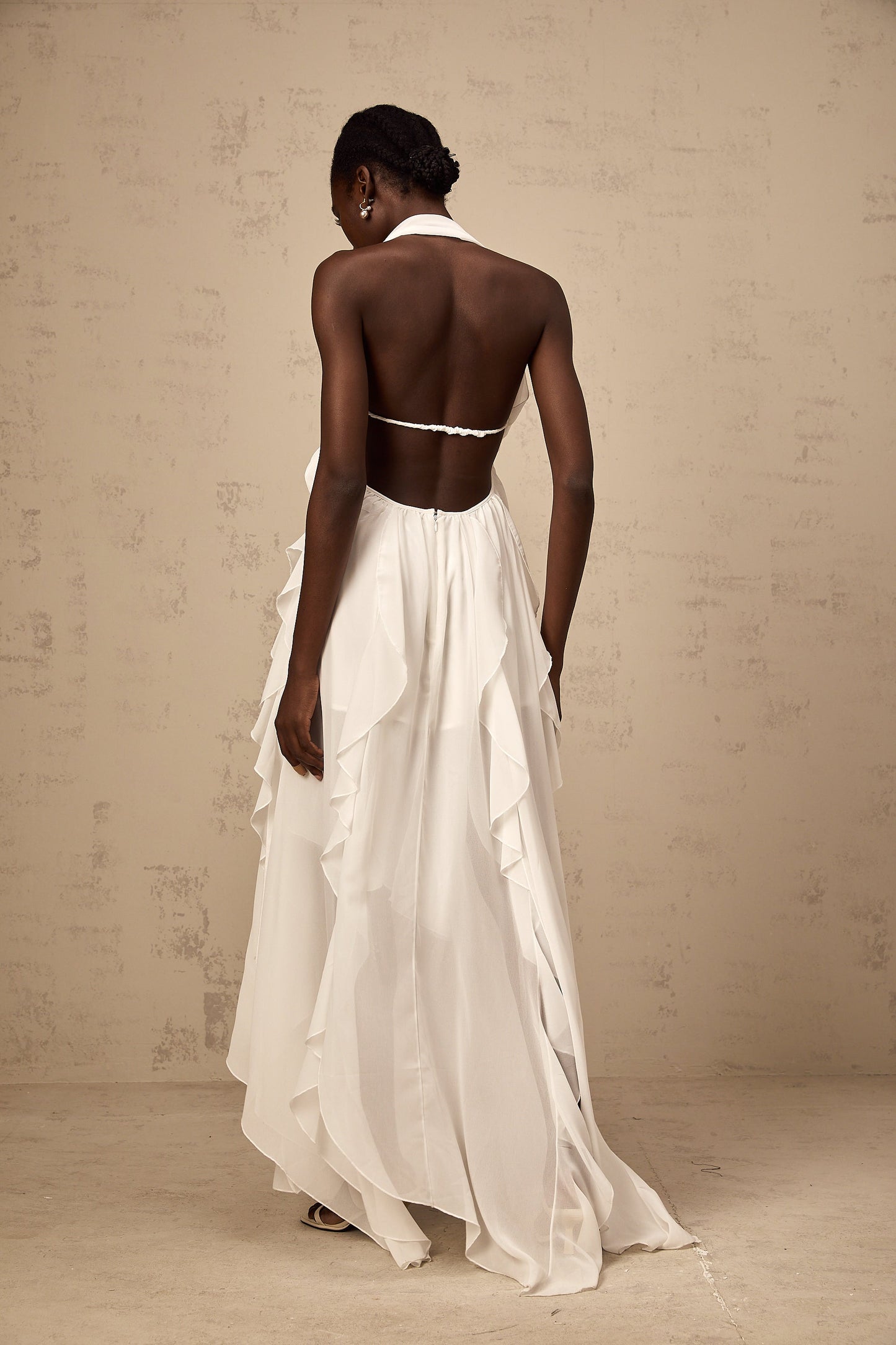 Mariah White Chiffon Ruffle Halterneck Maxi Dress