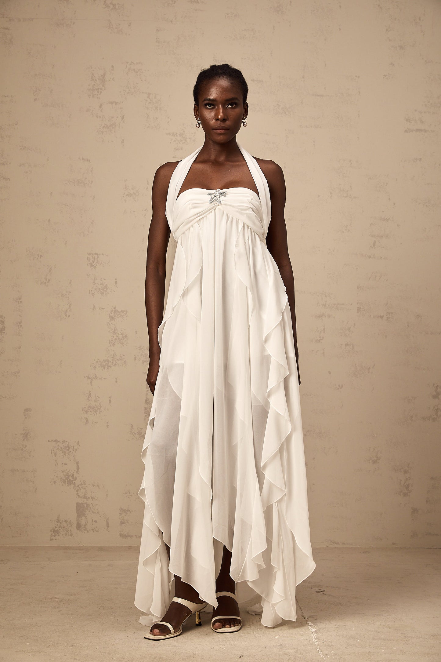 Mariah White Chiffon Ruffle Halterneck Maxi Dress