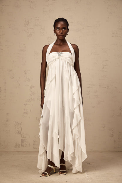 Mariah White Chiffon Ruffle Halterneck Maxi Dress