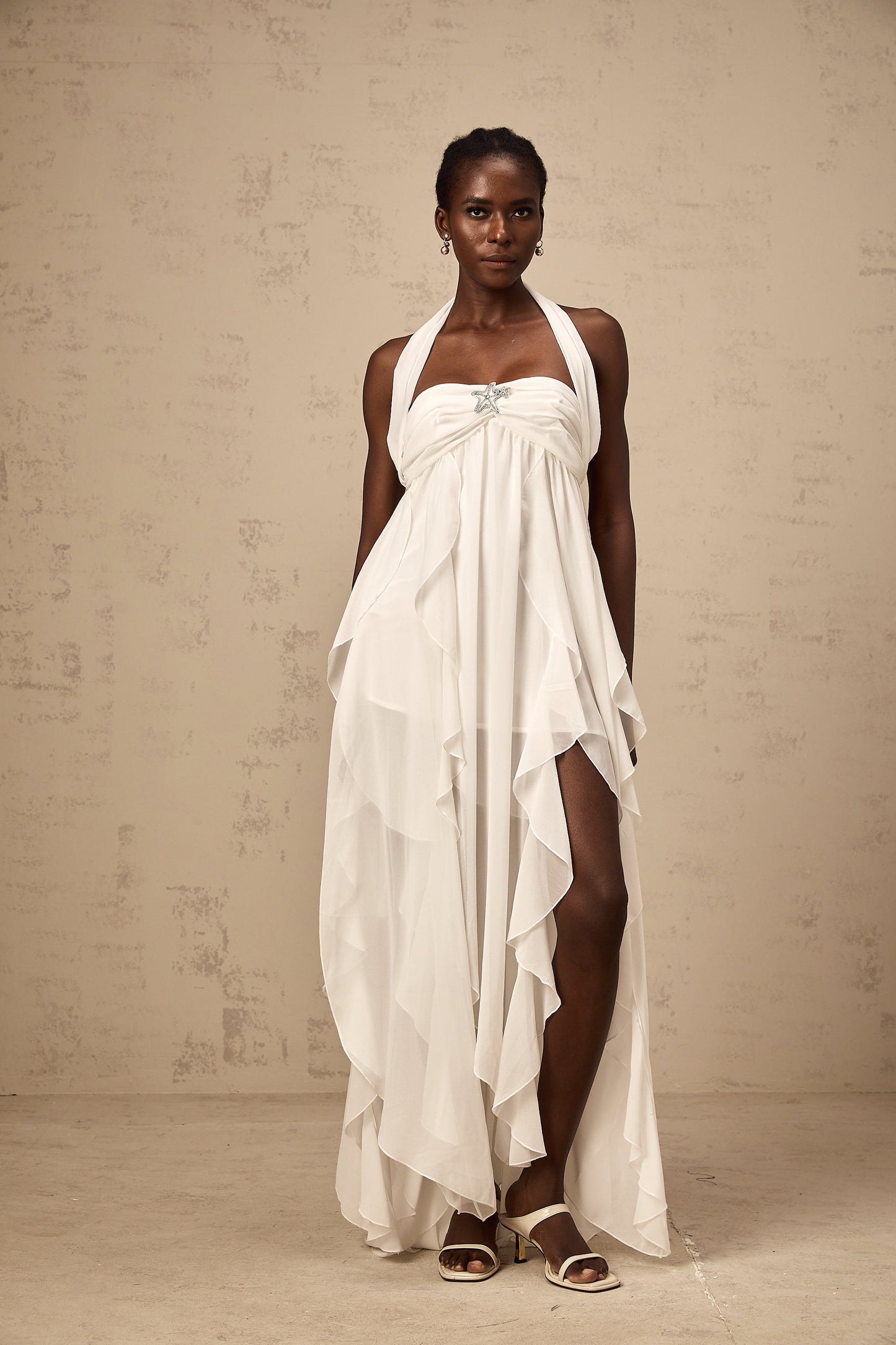 Mariah White Chiffon Ruffle Halterneck Maxi Dress