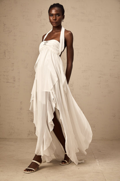Mariah White Chiffon Ruffle Halterneck Maxi Dress