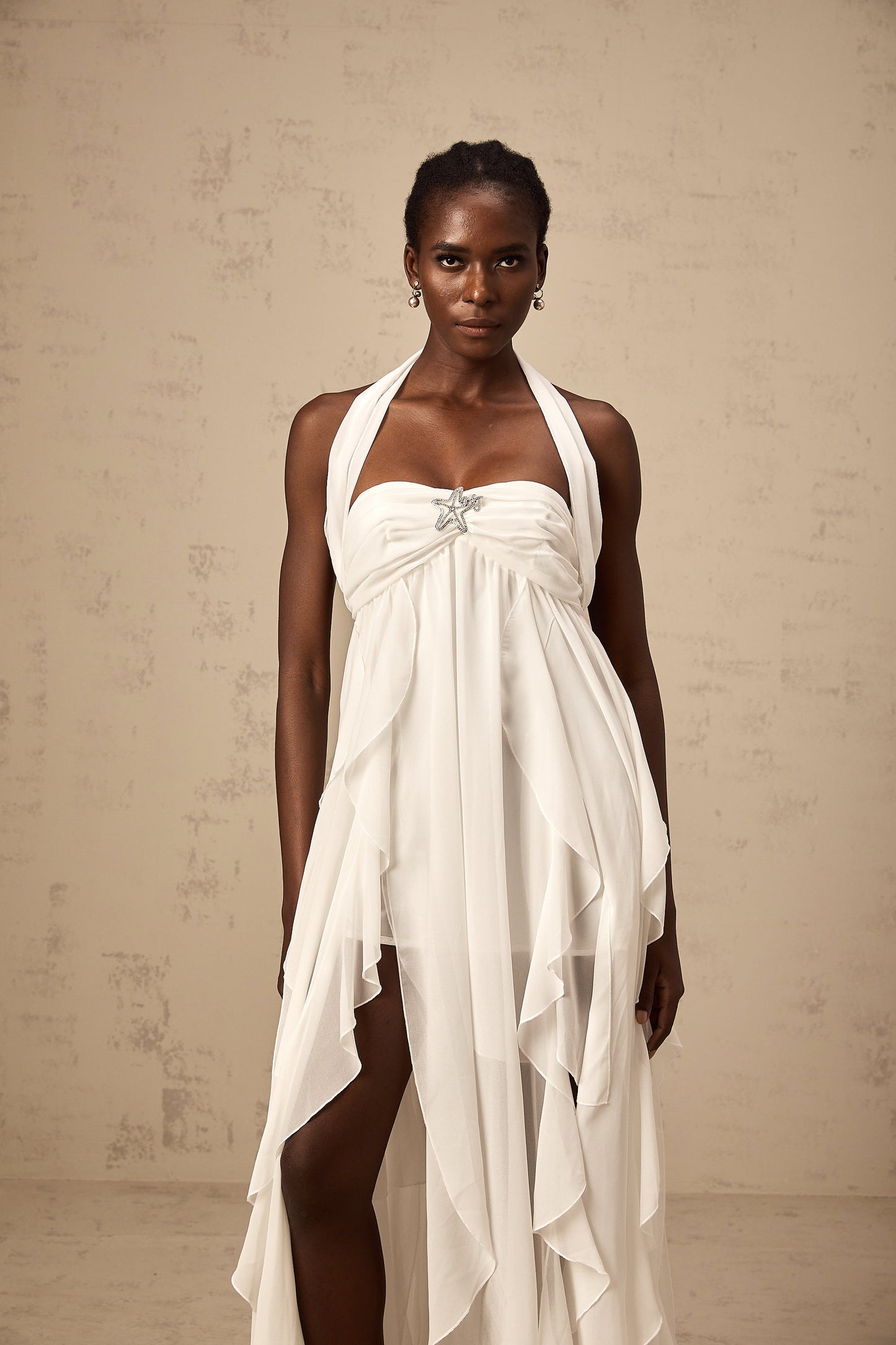 Mariah White Chiffon Ruffle Halterneck Maxi Dress