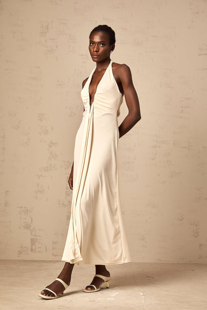 Géraldine white deep V-neck draped maxi dress