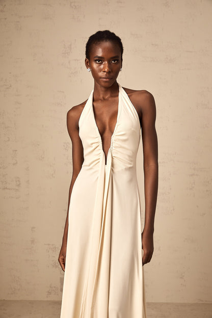 Géraldine white deep V-neck draped maxi dress