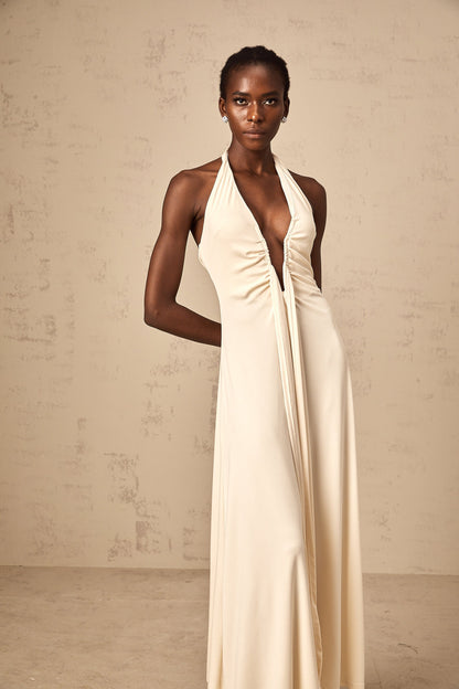 Géraldine white deep V-neck draped maxi dress