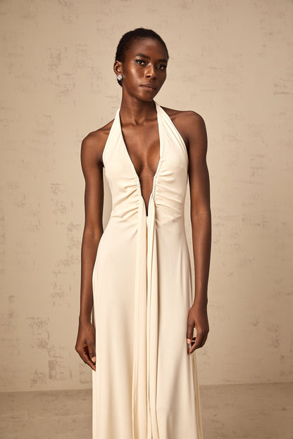 Géraldine white deep V-neck draped maxi dress