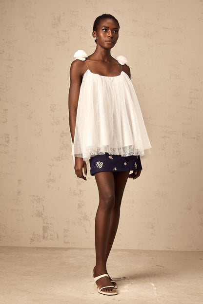 Katia white flower-appliqué mesh top