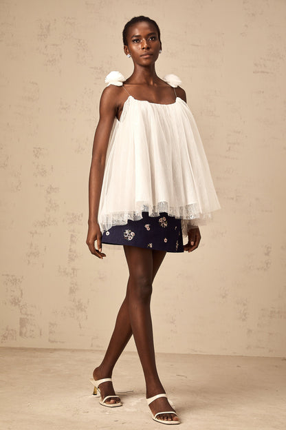 Katia white flower-appliqué mesh top