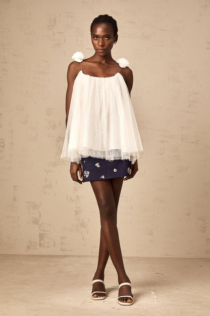 Katia white flower-appliqué mesh top