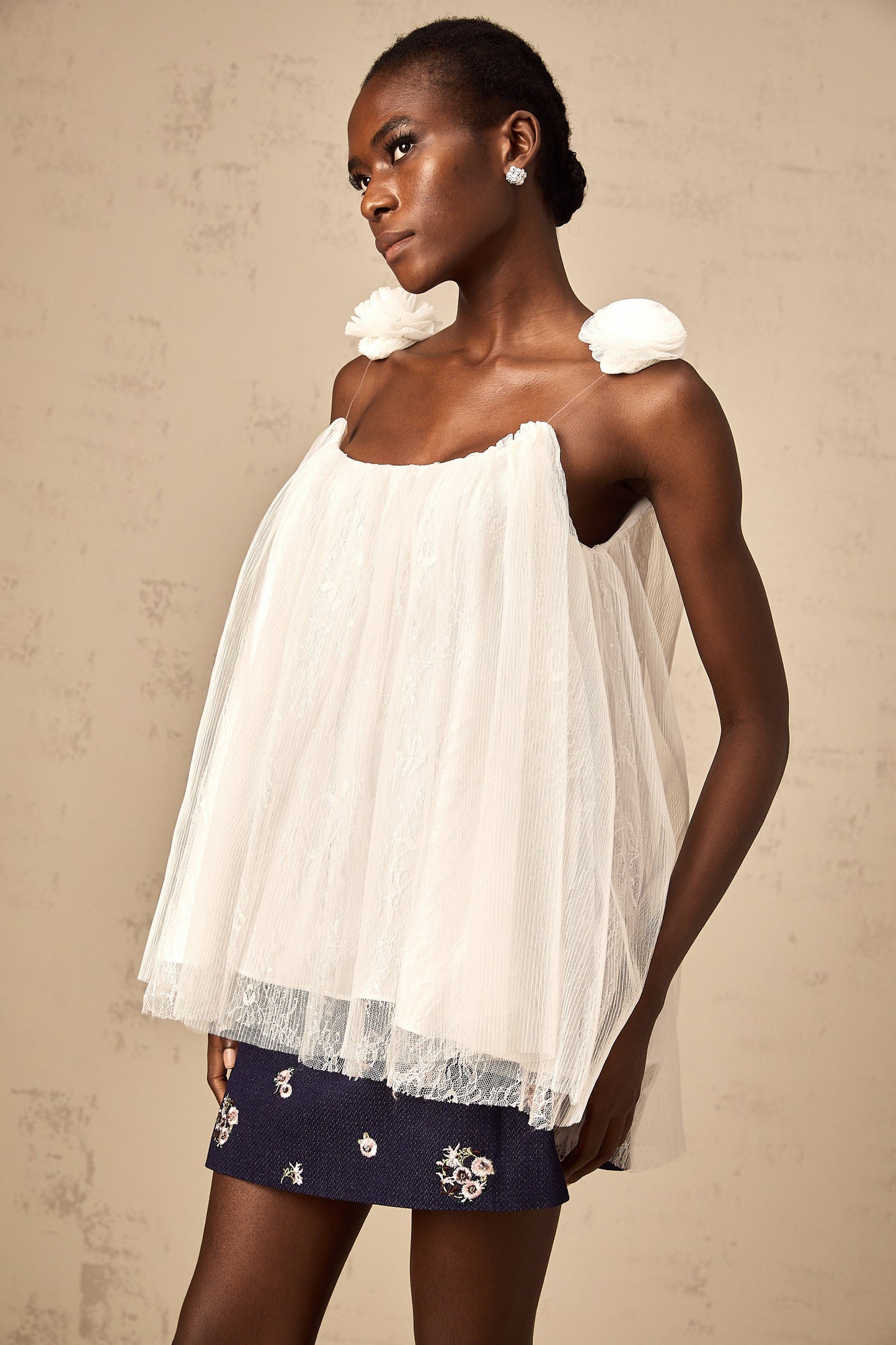 Katia white flower-appliqué mesh top