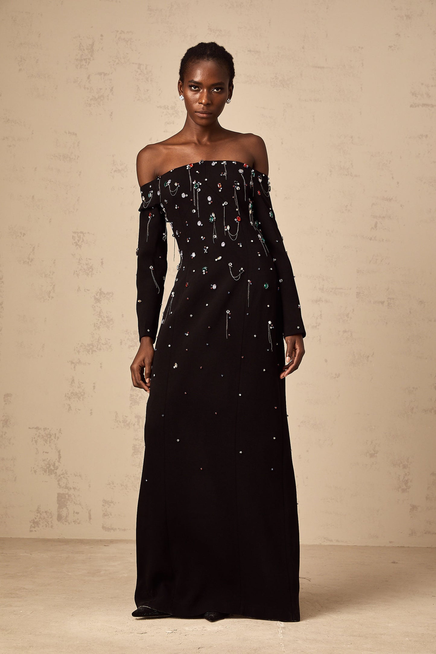Gabrielle black crystal off-shoulder maxi dress
