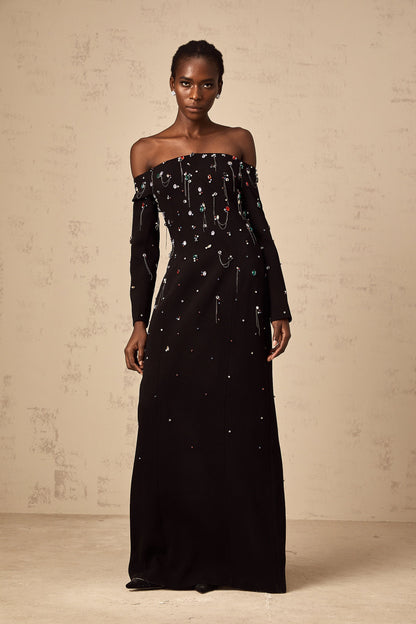 Gabrielle black crystal off-shoulder maxi dress