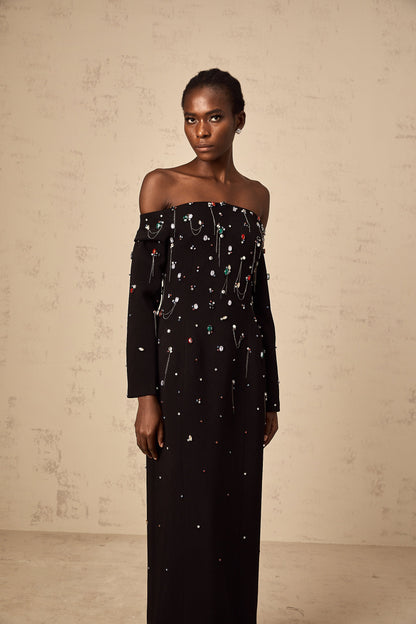 Gabrielle black crystal off-shoulder maxi dress