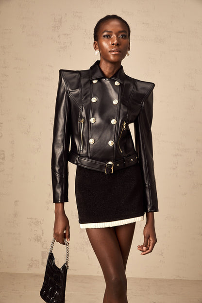 Diane black faux-leather double-breasted jacket