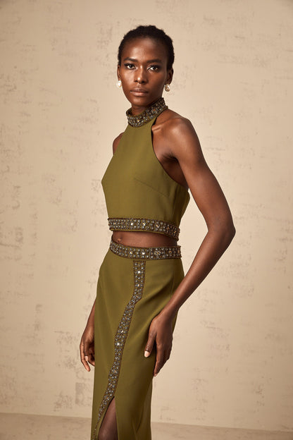 Daisy green beaded-trim top & skirt matching set