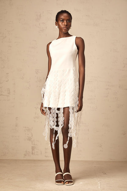 Justine white disc-design fringed midi dress