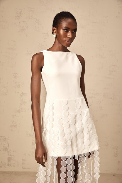Justine white disc-design fringed midi dress