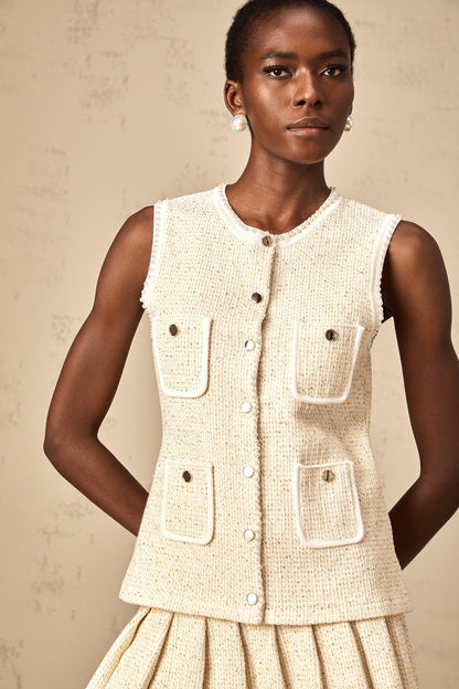 Hélène beige sequined knit vest top & skirt matching set