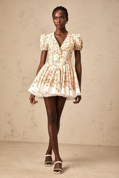 Alizée yellow floral-print pleated mini dress