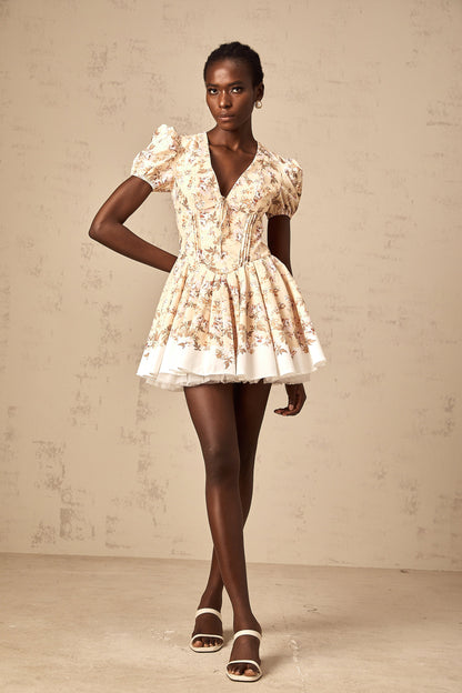 Alizée yellow floral-print pleated mini dress