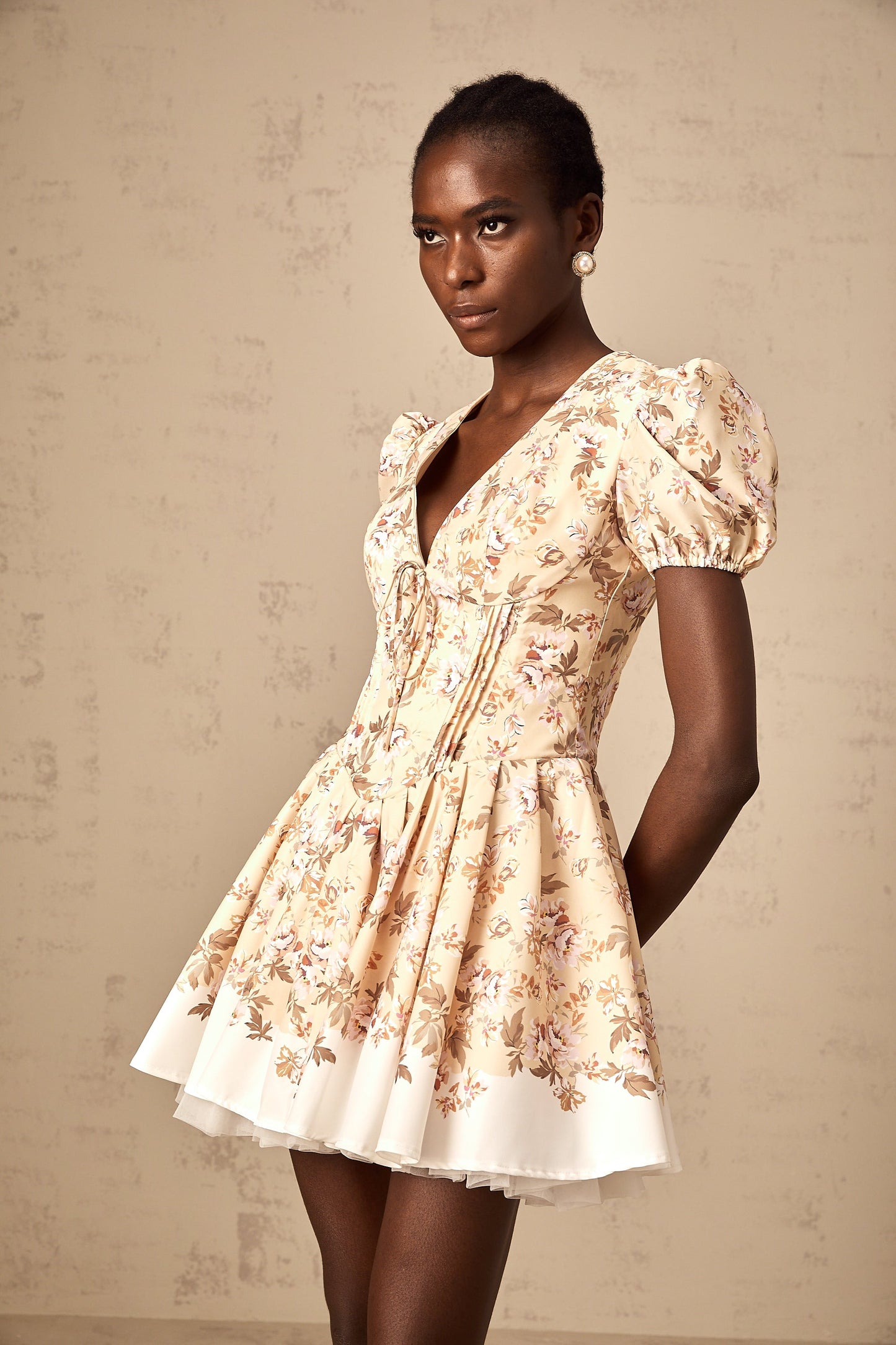 Alizée yellow floral-print pleated mini dress