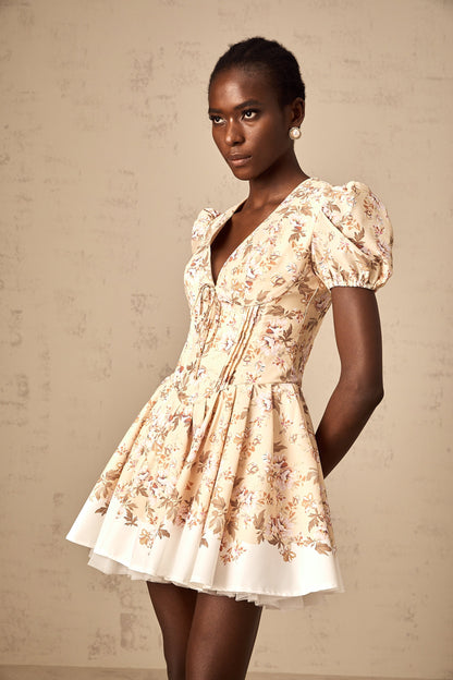 Alizée yellow floral-print pleated mini dress