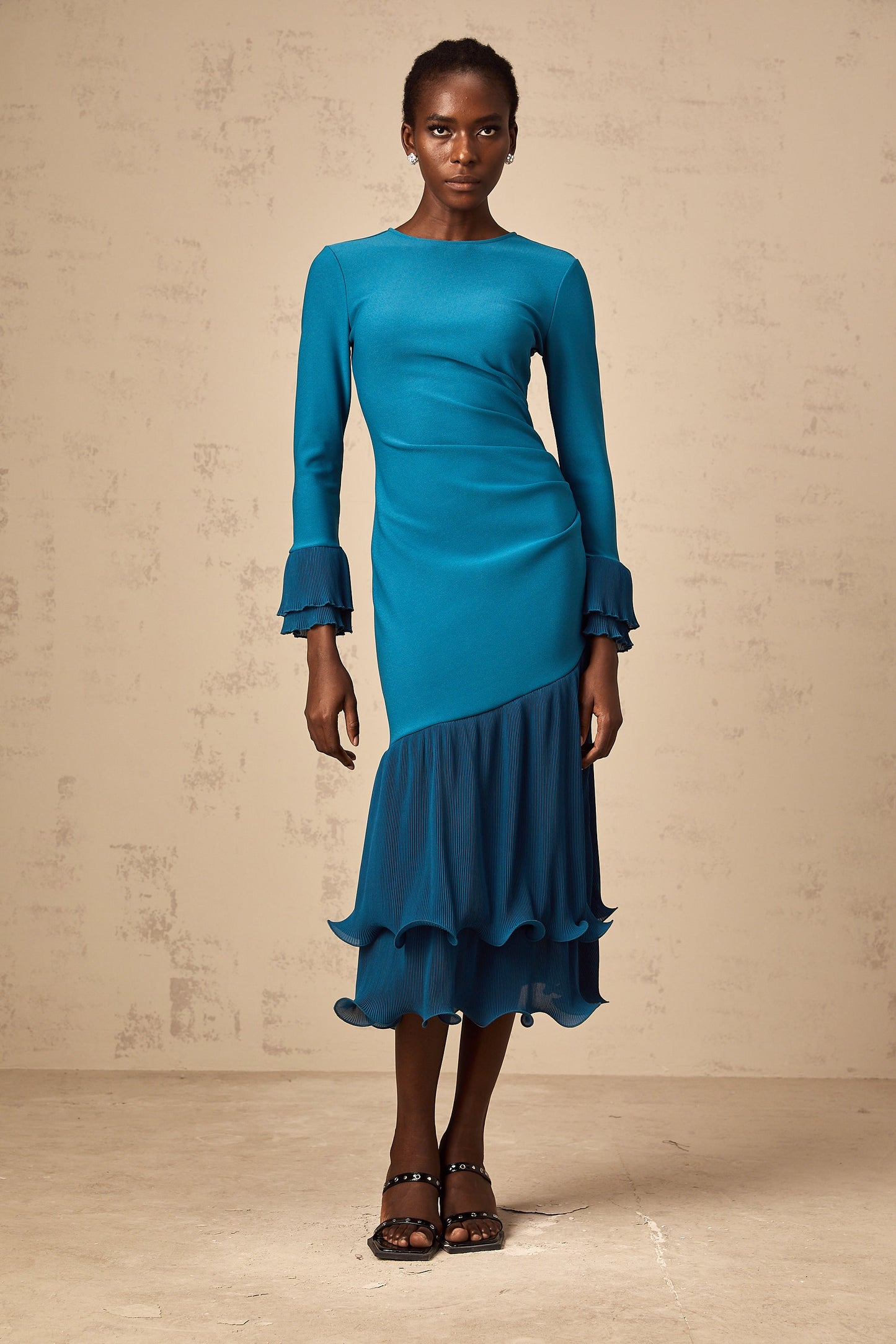 Fleurida ruffled-trim panelled midi dress in Blue