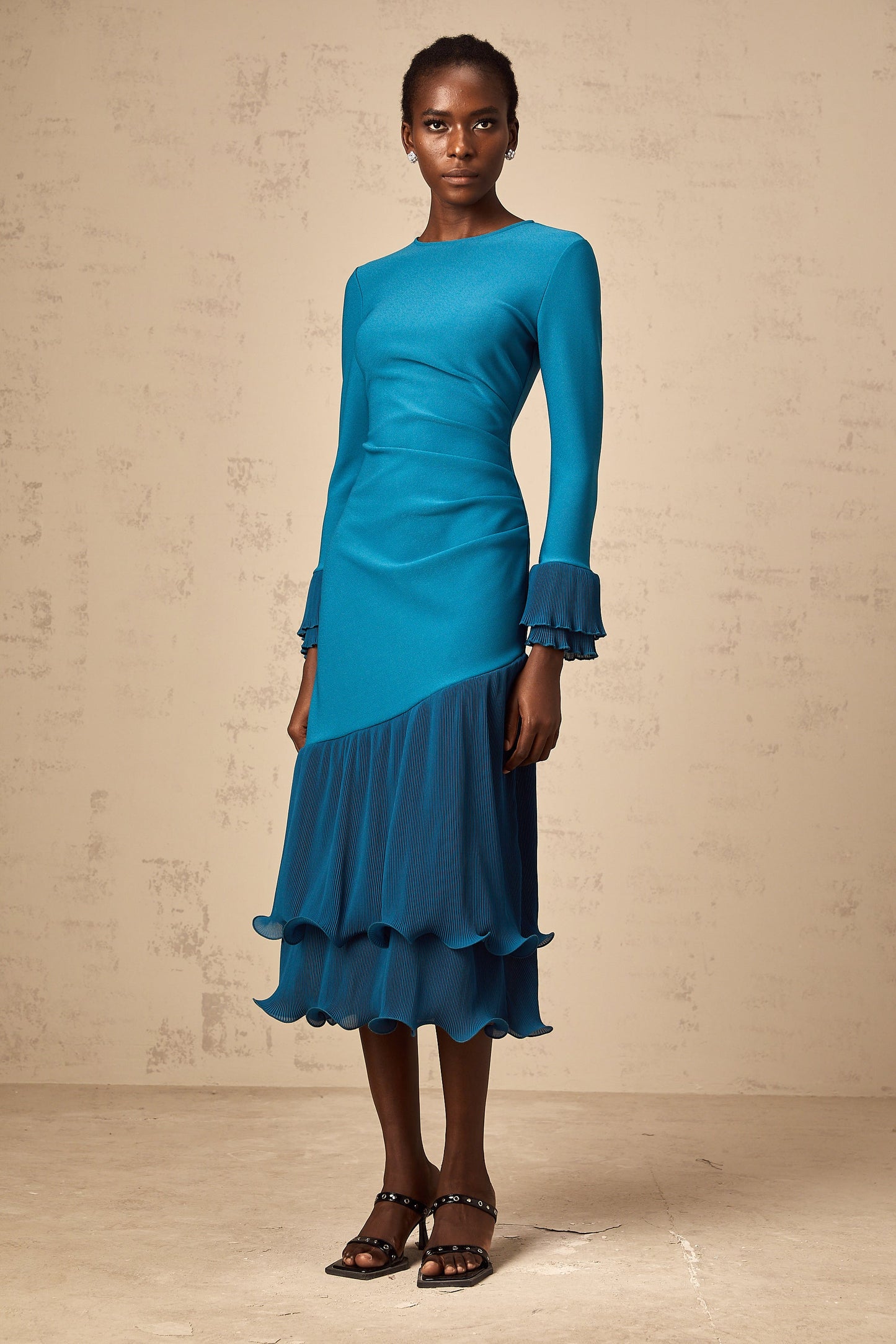 Fleurida ruffled-trim panelled midi dress in Blue