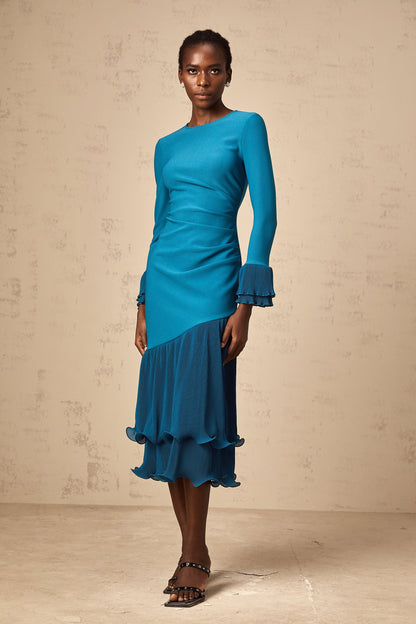 Fleurida ruffled-trim panelled midi dress in Blue