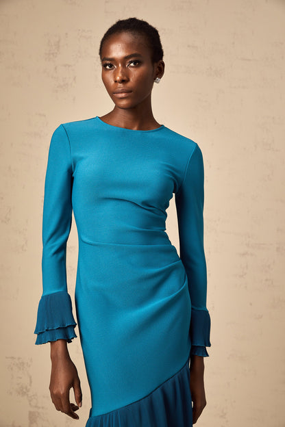 Fleurida ruffled-trim panelled midi dress in Blue