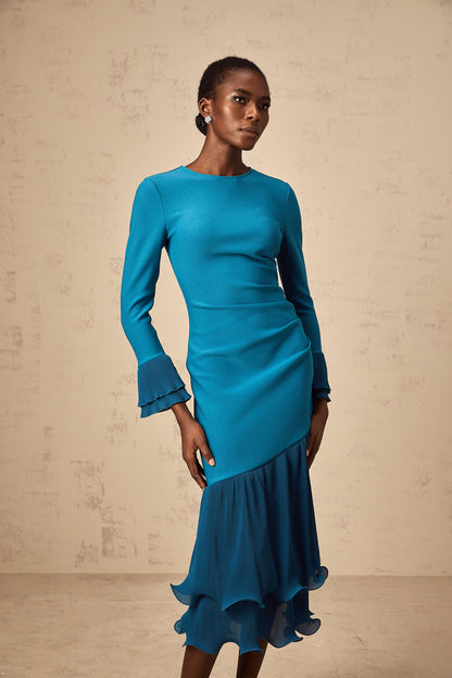 Fleurida ruffled-trim panelled midi dress in Blue