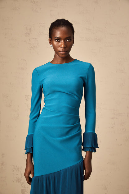 Fleurida ruffled-trim panelled midi dress in Blue