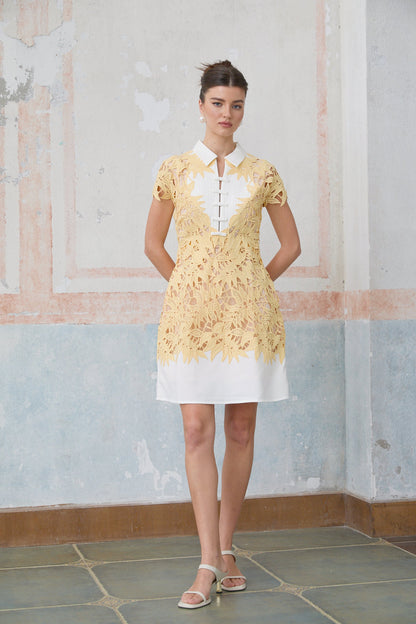 Camille yellow leaf-appliqué mini dress