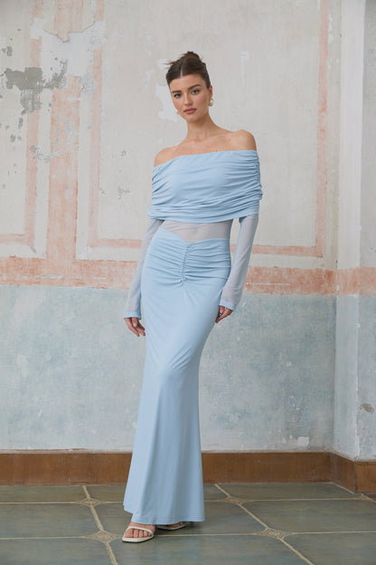 Ninon blue off-shoulder ruched maxi dress