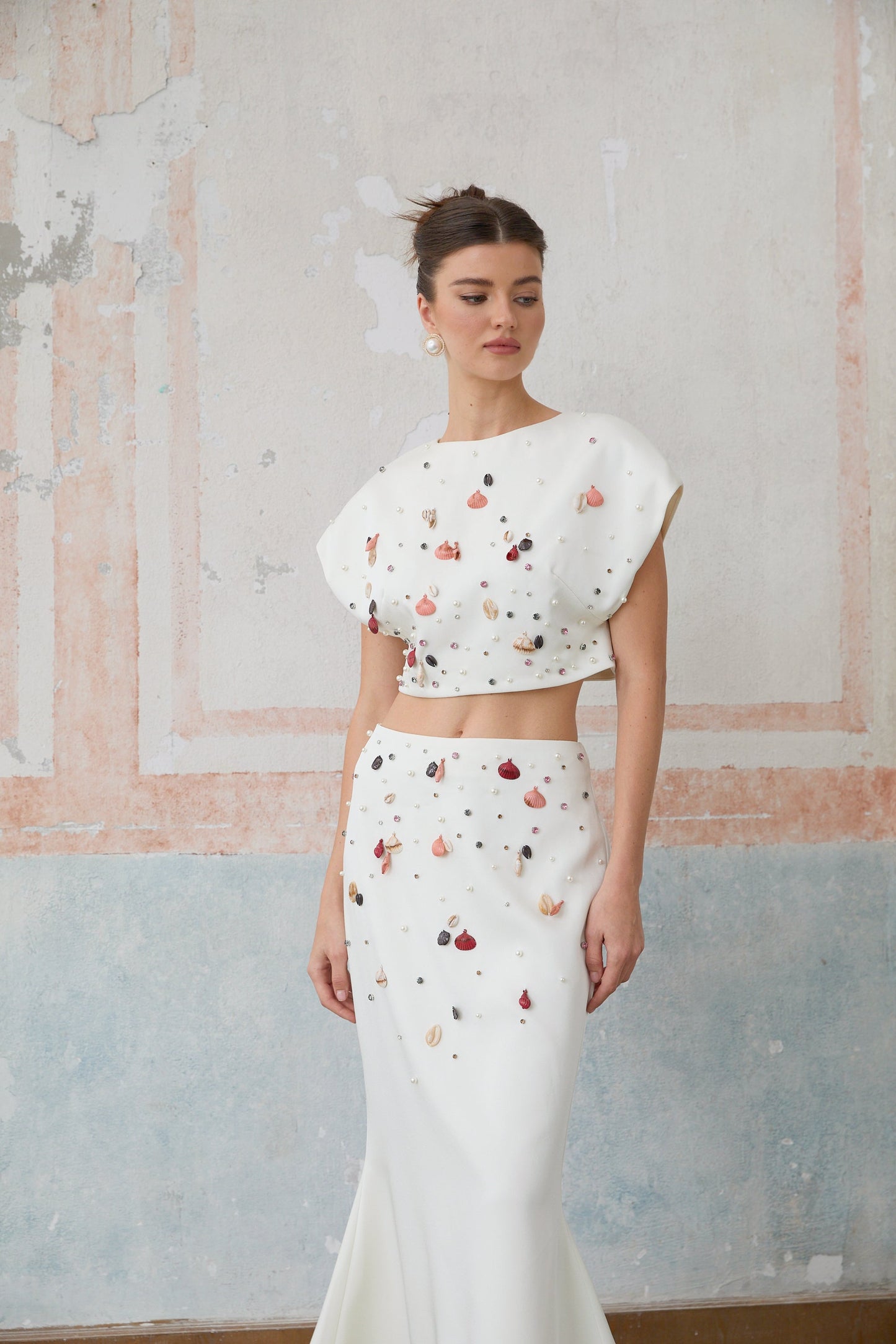 Delphine white shell-embellished top & skirt matching set