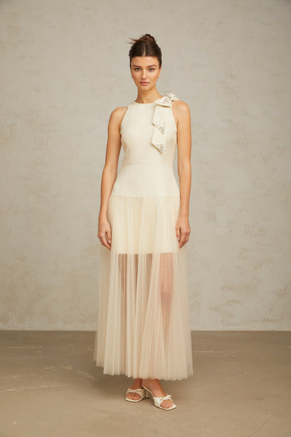 Thérèse bowknot tulle-panelling midi dress in White
