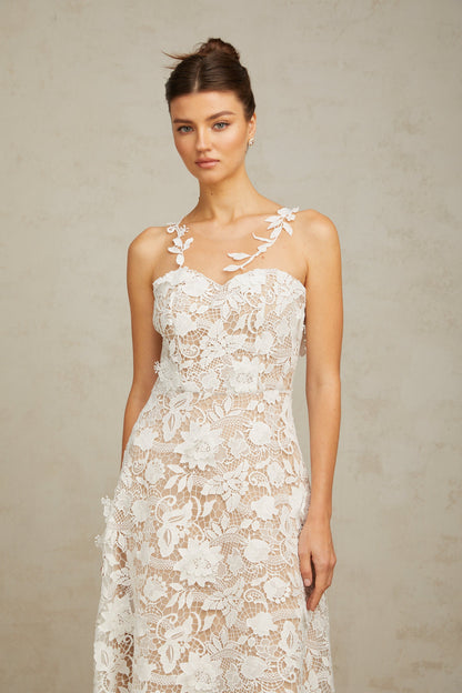 Carole white lace tulle-panelled midi dress