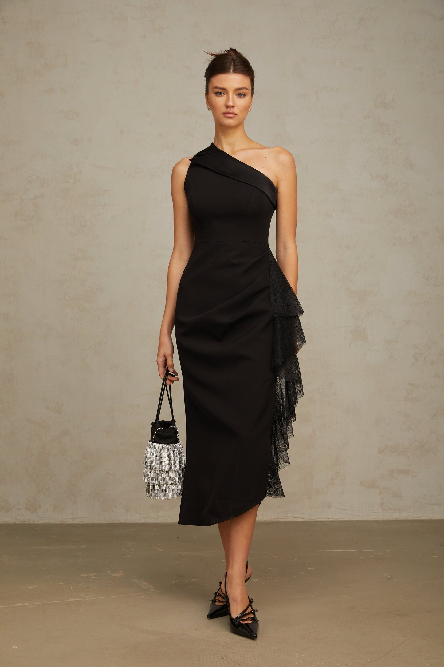 Bernadette black lace-panell asymmetrical midi dress