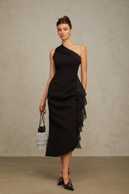 Bernadette black lace-panell asymmetrical midi dress