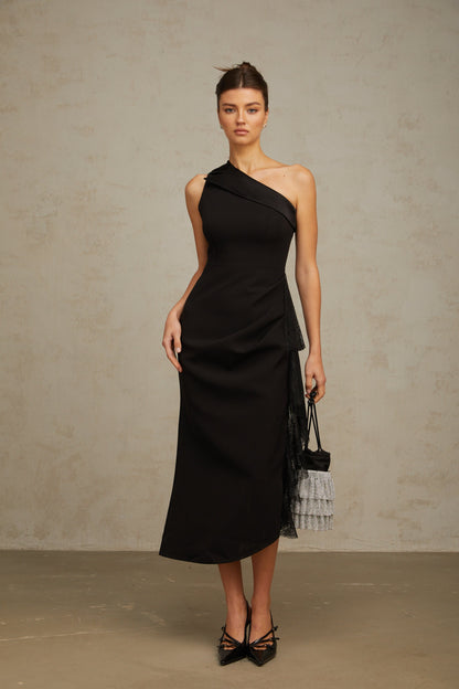 Bernadette black lace-panell asymmetrical midi dress